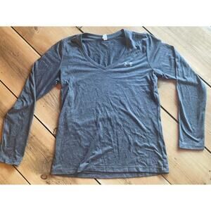 Under Armour Women's Grey Long Sleeve V-neck Top. Size Small. Logo. Heat gear